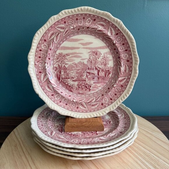 Set Of 5 Vintage Salem Heirloom Red Transferware 10" Dinner Plates Scenic - Picture 1 of 9